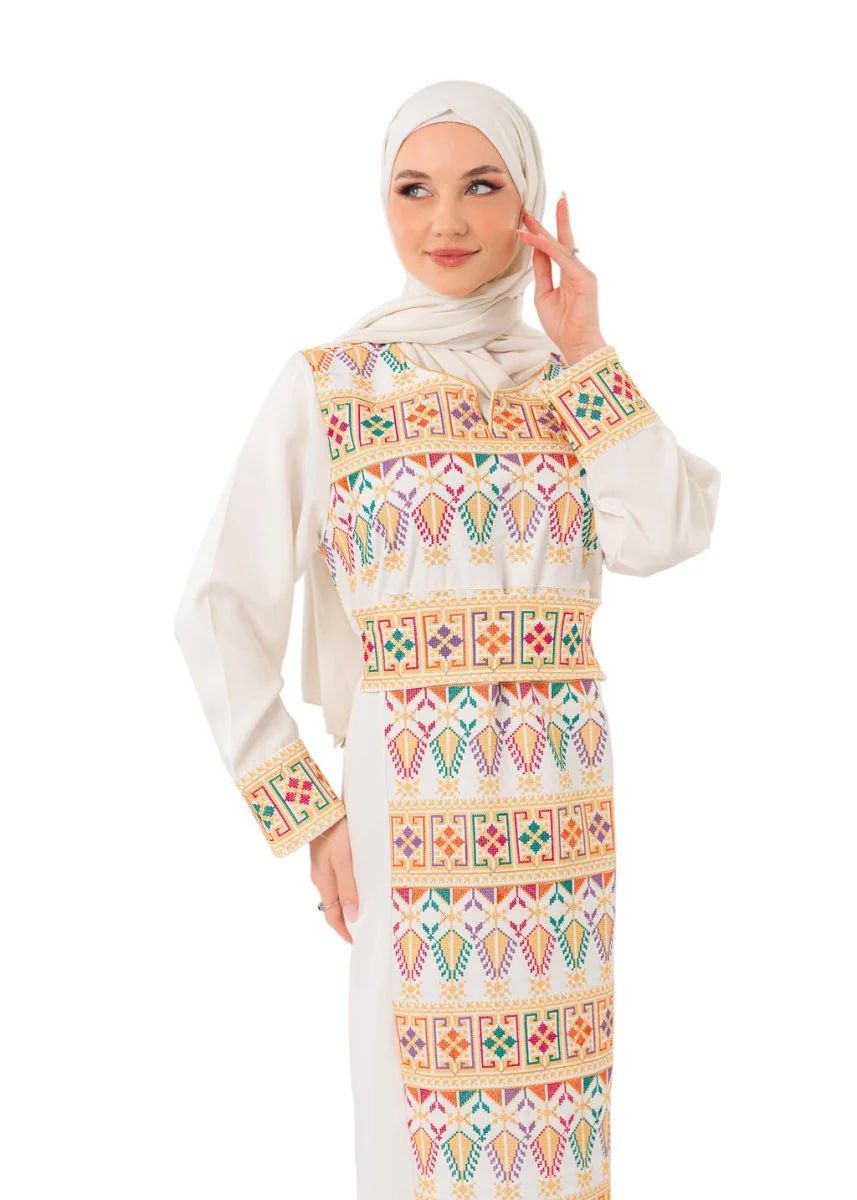 ثوب فلسطيني أبيض بتطريز ذهبي 3
